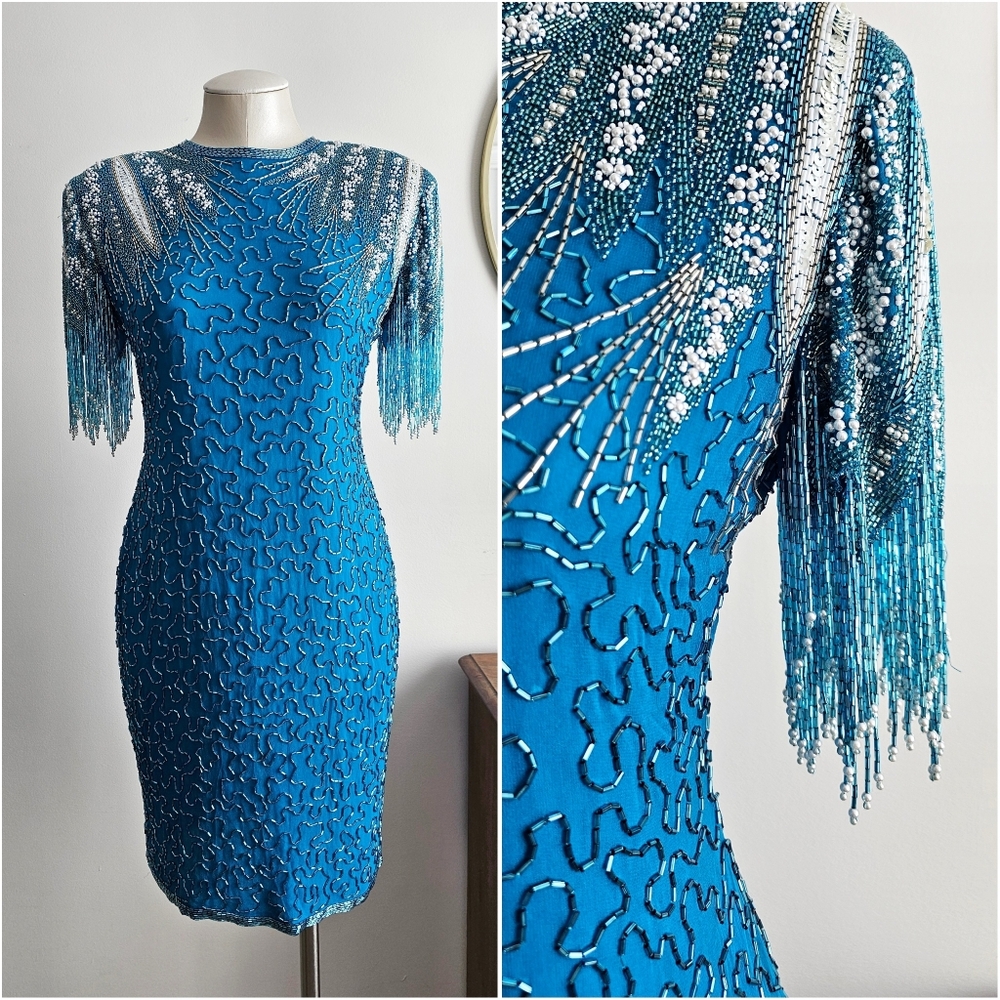 A.J. Bari Petites Vintage Teal Blue Sequin Cocktail Dress | Size 4 | 100% Silk